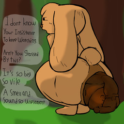 ambiguous_gender ambiguous_pooping anthro anus asking_viewer big_butt brown_body brown_fur butt cotton_tail crouching excessive_feces feces floppy_ears fur grass hyper hyper_feces narrowed_eyes nude nude_ambiguous nude_anthro open_mouth outside plant pooping pooping_on_floor scatplay solo speech_bubble tail talking_to_viewer text tree blargamie lagomorph leporid mammal rabbit 1:1 english_text female_(lore)