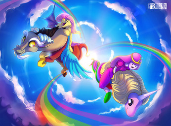 beard black_hair blonde_hair clothed clothing crown day dress eyebrows eyes_closed facial_hair feathered_wings feathers female feral flying food food_hair fur group hair headgear horn male open_mouth open_smile outside pink_hair pseudo_hair racing rainbow red_eyes sky smile sun tiara wings yellow_body yellow_fur yellow_sclera seanica adventure_time cartoon_network friendship_is_magic hasbro my_little_pony mythology discord_(mlp) fluttershy_(mlp) lady_rainicorn princess_bubblegum chimera draconequus equid equine humanoid mammal mythological_creature mythological_equine pegasus rainicorn unicorn 2014 crossover