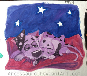 black_ears black_nose black_spots clothing coat feral fur heterochromatic_ears leg_markings male markings pawpads red_clothing red_coat red_topwear sleeping sleeping_together socks_(marking) spots star toony topwear white_body white_fur white_spots arcossauro 101_dalmatian_street 101_dalmatians disney delgado_(101_dalmatians) dylan_(101_dalmatians) canid canine canis dalmatian domestic_dog mammal