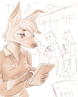 anthro bag_over_head clothed clothing facial_markings female gesture group head_markings heart_gesture holding_note_pad holding_object love markings mask_(marking) name_tag note_pad notebook restaurant waiter worker unknown_artist prostokvashino tama-tama canid canine fox hybrid mammal marsupial rodent sciurid tree_squirrel hi_res