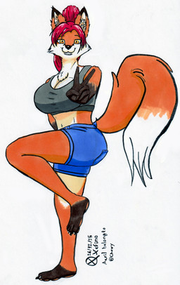 anthro belly big_breasts big_butt black_feet black_hands bottomwear bra breasts butt clothing countershading feet female french_artist fur gesture hair hand_gesture hotpants midriff minishorts navel one_leg_on_ground one_leg_up orange_body orange_fur raised_leg red_hair shorts solo sports_bra thick_thighs underwear v_sign white_belly white_body white_breasts white_fur wide_hips yellow_eyes xefino aeril_(helios) canid canine fox mammal absurd_res hi_res traditional_media_(artwork)