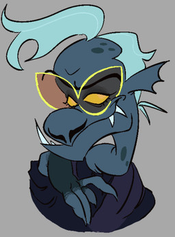 anthro ear_frill eyewear frill_(anatomy) glasses grey_background male sharp_teeth simple_background solo teeth shirako-numa hellaverse helluva_boss rolando_lenticular aquatic demon bust_portrait hi_res portrait