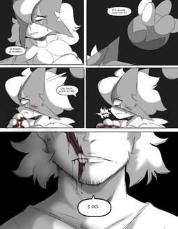 anthro blood bodily_fluids clothing crying dialogue dream duo facial_hair female gore gums horrified looking_at_another looking_away male nervous nightmare obscured_eyes scar scared shirt talking_to_another tears teeth topwear wound_on_face wounded spicykiwi nintendo pokemon thomas_(spicykiwi) tulip_(spicykiwi) generation_9_pokemon human mammal meowscarada pokemon_(species) absurd_res comic hi_res monochrome story
