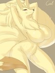 anthro big_breasts breasts featureless_breasts female fur kemono looking_at_viewer multi_tail nude simple_background smile solo tail coel_(artist) nintendo pokemon canid canine generation_1_pokemon mammal ninetales pokemon_(species) absurd_res hi_res