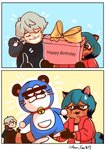 anthro awkward birthday birthday_gift blue_hair bodily_fluids bow_tie box container duo female gift gift_box hair happy_birthday heart_symbol male sweat sweatdrop text anri_go817 brand_new_animal doraemon studio_trigger doraemon_(character) kuro_(brand_new_animal) michiru_kagemori shirou_ogami avian bird canid canine corvid corvus_(genus) crow human mammal oscine passerine raccoon_dog tanuki english_text hi_res