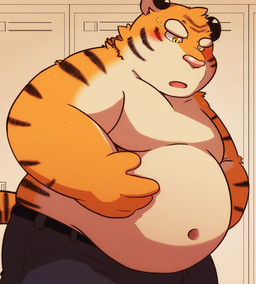 anthro barazoku belly_rub blush bodily_fluids inside kemono locker locker_room male nervous nervous_sweat obese obese_male overweight overweight_male solo standing sweat 96tning felid mammal pantherine tiger 2018