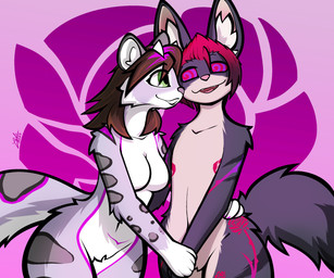 anthro big_ears breasts brown_hair duo fangs featureless_breasts featureless_crotch female floral_background flower flower_tattoo fluffy fluffy_tail hair hand_around_waist hand_holding horn inner_ear_fluff leg_tattoo long_hair looking_at_another looking_at_partner male male/female markings nude nude_anthro nude_female nude_male open_mouth plant purple_markings red_hair romantic romantic_couple short_hair smile smiling_at_another smiling_at_partner spiral spiral_eyes standing tail tattoo teeth tuft conditional_dnp lodi_(artist) alex_(poachy) felid hyena mammal pantherine snow_leopard 6:5 hi_res signature