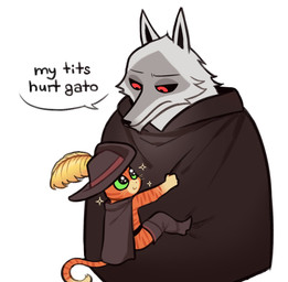 anthro belt black_ears black_eyebrows black_nose black_sclera boots cape cloak clothed clothing dialogue duo eye_contact eyebrows facial_markings feathers fluffy footwear frown fur green_eyes green_sclera grey_body grey_fur grope groping_chest half-closed_eyes half_clothed happy hat hat_feather head_markings headgear headwear humor interspecies long_tail looking_at_another looking_at_partner looking_down looking_up loose_feather male male/male markings mask_(marking) multicolored_body multicolored_fur narrowed_eyes orange_body orange_fur orange_stripes pointy_ears poncho prick_ears pupils red_eyes shoes simple_background size_difference smile sparkles speech_bubble standing striped_body striped_fur striped_markings striped_tail stripes tail tail_markings talking_to_another talking_to_partner text two_tone_body two_tone_fur unimpressed whiskers white_background white_body white_fur white_pupils patto_pib dreamworks puss_in_boots_(franchise) death_(puss_in_boots) puss_in_boots_(dreamworks) canid canine canis domestic_cat felid feline felis mammal tabby_cat wolf english_text hi_res spanish_text translated