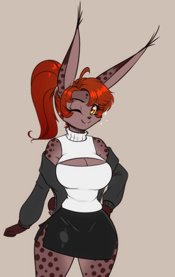 anthro big_breasts bottomwear breasts brown_body brown_fur clothing eyebrow_through_hair eyebrows eyelashes female fur hair inner_ear_fluff jacket markings one_eye_closed ponytail skirt smile solo sparkles spots spotted_body spotted_fur topwear translucent translucent_hair tuft wide_hips wink yellow_eyes scorpdk mara_(scorpdk) felid feline lynx mammal 2026 absurd_res hi_res