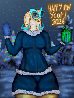 anthro box clothed clothed_anthro clothed_female clothing container eyewear female forest forest_background gift gift_box glasses handwear holiday_clothing holidays hood jacket mittens nature nature_background plant snake_hood solo topwear tree wearing_glasses winter winter_clothing yellow_body mantrinrus shusha christmas kikoriki new_year_2026 cobra reptile scalie snake digital_media_(artwork) hi_res