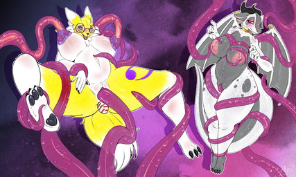 anal_oviposition anthro big_breasts bodily_fluids breast_milking breasts digitama duo egg female fur group horn jewelry lactating nipple_fetish nipple_play oviposition pawpads paws penetration pink_eyes pregnant tentacle_in_vagina tentacle_penetration tentacle_suckers tentacle_suspension tentacles thick_thighs trio vaginal vaginal_penetration white_body white_fur yellow_body yellow_fur bk_kumatora bandai_namco digimon mythology asuna_(zinogre) oc_(zinogre) digimon_(species) dragon mythological_creature mythological_scalie renamon scalie tentacle_creature 2026 absurd_res digital_media_(artwork) hi_res