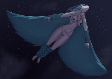antennae_(anatomy) anthro blue_hair breasts cloud female flying genitals hair night nipples nude purple_eyes purple_nipples purple_vulva solo spread_wings star vulva wings za-owl ala_(za-owl) arthropod insect lepidopteran moth absurd_res hi_res