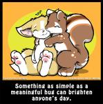2014 ambiguous_gender anthro bodily_fluids brown_body brown_fur canid canine chibi duo embrace english_text eyes_closed fox fur hug mammal nude o-kemono pawpads positive_message rodent sciurid simple_background smile story story_in_description tears text tree_squirrel white_body white_fur yellow_background yellow_body yellow_fur