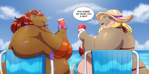 anthro beach beach_chair bikini breasts clothing cloud container cup dialogue duo female hat headgear headwear overweight sky speech_bubble swimwear two-piece_swimsuit robthehoopedchipmunk ava_(testsubject410) tammy_(rthc) common_hippopotamus hippopotamid mammal hi_res