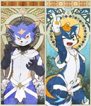 absurd_res anthro aomaru_(aomaru21) blue_body blue_fur canid canine clothed clothing detailed_background duo english_text eyebrows fur green_eyes grin hi_res lion_(fw_rion) male mammal navel one_eye_closed production_taiikukan raizinndx skimpy slim small_waist smile text thick_eyebrows wink yellow_eyes