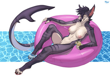 anthro breasts female genitals hair long_tail nipples non-mammal_nipples nude paws pool_float solo tail vulva maaia riptide_(jaeger) aquatic canid canine canis domestic_dog fish hybrid mammal shark digital_media_(artwork)