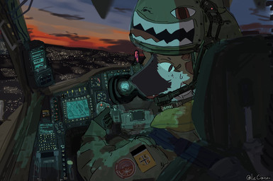 aircraft ambiguous_gender anthro armor black_body black_fur brown_body brown_fur city clothed clothed_ambiguous clothed_anthro clothing cloud electronics fully_clothed fully_clothed_ambiguous fully_clothed_anthro fur gloves green_clothing handwear headgear helmet looking_at_viewer military multicolored_body multicolored_fur pilot sitting solo text vehicle white_body white_fur lecorgi mammal 2026 artist_name digital_media_(artwork) hi_res
