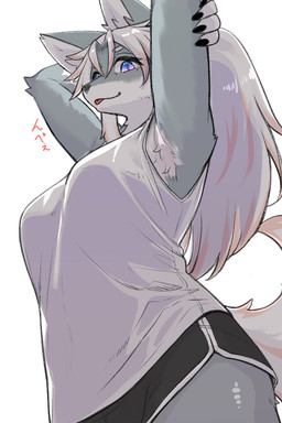 anthro big_breasts black_bottomwear black_clothing black_nails black_shorts blue_eyes bottomwear breasts clothing colored_nails female fur grey_body grey_fur hair looking_at_viewer low-angle_view nails shirt shorts solo topwear white_body white_clothing white_fur white_hair white_shirt white_topwear ookamiwaho okami_bark canid canine canis mammal wolf 2:3 hi_res