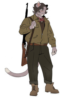 anthro belt blood blood_on_clothing blush bodily_fluids boots bottomwear brown_hair clothing ear_piercing ear_ring footwear grey_body gun hair highlights_(coloring) holding_object jacket kerchief long_tail looking_away male pants piercing pointy_ears ranged_weapon rifle ring_piercing shirt shoes short_hair simple_background solo tail topwear weapon white_highlights ddcrushh dylan_(ddcrushh) domestic_cat felid feline felis mammal absurd_res digital_drawing_(artwork) digital_media_(artwork) full-length_portrait hi_res portrait