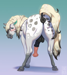 anatomically_correct anatomically_correct_anus anatomically_correct_genitalia anatomically_correct_penis animal_genitalia animal_penis anus balls blush butt equine_anus equine_genitalia equine_penis feral fur genitals hair half-erect hooves looking_at_viewer looking_back male outside penis puffy_anus simple_background smile solo tail jaribka equid equine horse mammal digital_media_(artwork) hi_res
