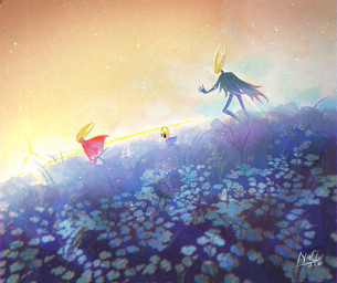 2_horns 5_fingers ambiguous_gender biped black_eyes cloak clothed clothing detailed_background empty_eyes fingers flower flower_field group horn larger_ambiguous painting plant red_cloak red_clothing running size_difference smaller_ambiguous trio nacl hollow_knight_(franchise) team_cherry hollow_knight_(character) hornet_(hollow_knight) the_knight_(hollow_knight) arachnid arthropod spider vessel_(species) 2025 hi_res signature female_(lore) half_sister_(lore) sibling_(lore) sister_(lore)