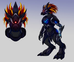 1_eye ambiguous_gender anthro armor beak bionic_arm bionics cybernetic_arm cybernetic_eye cybernetic_limb cybernetics digitigrade face_covered feather_hair feathered_crest feathers full_armor head_crest headgear helmet machine pseudo_hair red_body red_feathers simple_background solo standing yellow_body yellow_feathers lady_ahiru halo_(series) microsoft xbox_game_studios alien avian kig-yar scalie t'vaoan colored hi_res