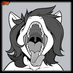anthro bodily_fluids buccinator dark_hair extended_tongue eyes_closed gaping_mouth glistening glistening_tongue glistening_uvula male mouth_shot open_mouth palate_ridges saliva saliva_string sharp_teeth solo teeth tongue tongue_out uvula white_body white_skin yawn yumiakiyama mythology xander_(sir-humata) dragon mythological_creature mythological_scalie scalie 1:1 hi_res monochrome signature