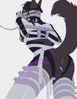 anthro anus arms_tied bdsm biped black_hair black_nose bondage bound butt chastity_cage chastity_device collar eyeshadow femboy genitals hair hands_behind_back leash lock makeup male muzzle_(object) muzzled padlock penis purple_eyes purple_eyeshadow simple_background solo standing submissive submissive_anthro submissive_male tail_anus white_background white_collar white_leash bassenji canid canine canis mammal wolf 2021 absurd_res hi_res