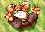 anthro belly bottomwear bulge clothed clothing feet grass humanoid_feet laying_on_grass legs_up looking_at_viewer lying male on_back overweight overweight_male pants plant plantigrade shirt simple_background soles solo spread_legs spreading topwear red_panda_mirr that_time_i_got_reincarnated_as_a_slime geld_(that_time_i_got_reincarnated_as_a_slime) mammal suid suina sus_(pig) wild_boar digital_media_(artwork) hi_res