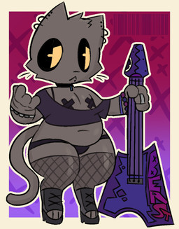 anthro black_clothing black_footwear black_high_heels bracelet choker clothing ear_piercing electric_guitar female fishnet_clothing footwear fur grey_body grey_fur guitar high_heels holding_object jewelry musical_instrument necklace nipple_tape panties pasties piercing plucked_string_instrument shoes shortstack solo string_instrument tape thick_thighs underwear whiskers yellow_sclera pknoel flying_v gibson domestic_cat felid feline felis mammal absurd_res hi_res