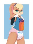 anthro basketball_uniform blonde_hair bunnyhopps_(diaper) clean_diaper clothed clothing diaper embarrassed female gloves hair handwear long_ears looking_at_viewer scut_tail short_tail solo sportswear tail teeth tied_ears tune_squad_outfit tune_squad_outfit_(2021) uniform wearing_diaper octojo abuniverse bunnyhopps looney_tunes space_jam warner_brothers lola_bunny lagomorph leporid mammal rabbit absurd_res hi_res