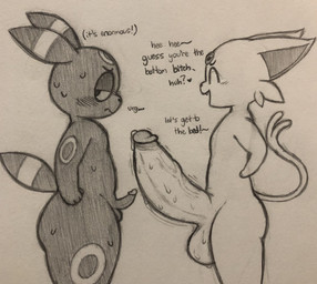anthro balls big_balls big_penis blush bodily_fluids butt comparing comparing_penis dialogue dominant_pokemon duo erection femboy forehead_gem foreskin fur fur_markings gem genital_fluids genitals glans huge_penis humanoid_genitalia humanoid_penis humiliation hyper hyper_genitalia hyper_penis long_penis male male/male markings nude open_mouth penis penis_humiliation penis_size_difference precum retracted_foreskin semi-anthro simple_background small_but_hung small_penis small_penis_humiliation sweat sweaty_balls sweaty_genitalia sweaty_penis text thick_penis thick_thighs throbbing throbbing_penis vein veiny_penis white_background zlut385 nintendo pokemon eeveelution espeon generation_2_pokemon pokemon_(species) umbreon absurd_res english_text graphite_(artwork) hi_res monochrome sketch traditional_media_(artwork)