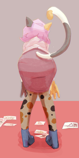 anthro bent_over boots bottomwear butt butt_focus clothing female footwear hair heart_symbol high_heeled_boots high_heels legwear office_lady pantyhose pink_hair rear_view shoes short_hair simple_background skirt solo spots tail bbravaa polly_(bbravaa) felid mammal hi_res