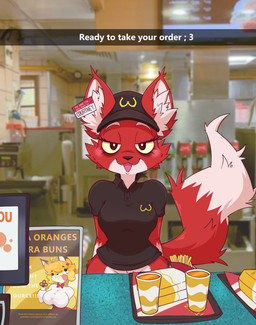 anthro blush blush_lines bottomless breasts clothed clothing eye_bags eyelashes female fur inner_ear_fluff long_eyelashes looking_at_viewer red_body red_fur solo tear_trough text topwear tuft white_body white_fur jasminthemanticore wcdonald's mammal absurd_res english_text hi_res