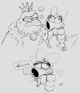 anthro asphyxiation begging_for_more blush bodily_fluids bow_ribbon choking crown dialogue duo female headgear humanoid_hands male male/female narrowed_eyes ring speech_bubble sweat sweaty_face tail text yotomoe mario_bros nintendo birdo_(character) birdo 2026 digital_drawing_(artwork) digital_media_(artwork) english_description english_text hi_res monochrome sketch