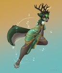 2_horns anthro beads clothed clothing deer_antlers dress druid female fur green_body green_clothing green_dress green_fur hair horn magic magic_user short_hair solo tribal_spellcaster yellow_eyes volodyanocturne canid canine canis mammal wolf hi_res
