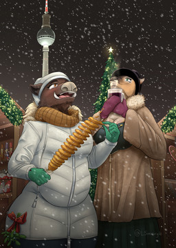 anthro beanie belly berlin_(city) black_nose blush bottomwear brown_body brown_fur building christmas_decorations christmas_lights christmas_market christmas_tree clothed clothing coat denim denim_bottomwear denim_clothing duo fedora female female/female food fruit fur hair hat headgear headwear holidays jeans mistletoe mulled_wine night nut_(fruit) nutcracker open_mouth outside overweight pants plant potato scarf skirt smile snow snowing snowing_outside store tail teeth topwear tower tree tusks vegetable smeargle20 christmas deer mammal suid suine sus_(pig) wild_boar absurd_res digital_media_(artwork) hi_res