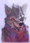 anthro black_nose breath clothed clothing eye_patch eyewear fangs fur grey_body grey_fur grey_hair grin hair looking_at_viewer male open_mouth panting red_eyes smile solo teeth tongue tongue_out white_body white_fur conditional_dnp jonas nintendo star_fox wolf_o'donnell canid canine canis mammal wolf hi_res