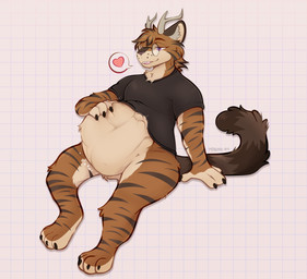 abdominal_bulge anthro anthro_pred belly belly_grab big_belly body_outline clothed clothing endosoma heart_symbol huge_belly male male_pred onomatopoeia oral_vore prey_outline safe_vore simple_background size_difference smile soft_vore solo sound_effects tail text vore makar-ro hybrid absurd_res hi_res