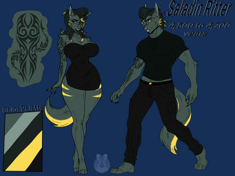 anthro arm_tattoo athletic big_breasts black_lips breasts claws eye_scar facial_scar female highlights_(coloring) lips male markings scar skimpy_dress solo tattoo text yellow_sclera pokepoke saladin_ritter anubian_jackal canid canine canis jackal mammal 4:3 alpha_channel english_text hi_res model_sheet