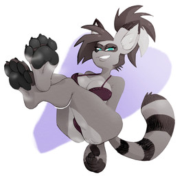 anthro bra breasts clasped_hands claws clothing countershading crossed_legs eyelashes feet feet_up female foot_focus grin hair hands_behind_back head_tuft looking_at_viewer markings musk musk_cloud musky_feet pawpads ponytail ring_(marking) ringed_tail smile soles solo striped_markings striped_tail stripes tail tail_markings toe_claws toes tuft underwear sevokin mammal procyonid raccoon hi_res