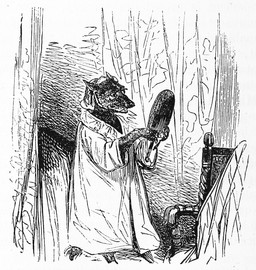 after_transformation ambiguous_gender anthro bed bed_curtains chair clothed clothing fully_clothed fur furniture hat headgear headwear holding_mirror holding_object horrified looking_at_object mirror nightcap nightgown solo teeth louis_le_breton dictionnaire_infernal mythology canid canine canis mammal wolf 1863 19th_century ancient_art black_and_white hi_res monochrome
