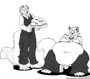 accessory anthro belly big_belly bottomwear bound burger chair clothing collared_shirt deep_navel dress_shirt duo food furniture hair huge_belly male navel necktie obese obese_anthro obese_male overweight overweight_anthro overweight_male pants plate shirt sitting tongue tongue_out topwear vest weight_gain deonwolf deon_(deonwolf) xeros_(therealsolitair) ailurid canid canine canis mammal red_panda wolf 2013 digital_media_(artwork) line_art monochrome