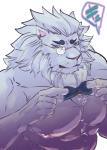 abs anthro blue_eyes clothed clothing fur hair male mane mane_hair muscular muscular_anthro muscular_male nipples pecs simple_background solo text topless white_background white_body white_fur yu_chi_i lifewonders tokyo_afterschool_summoners snow_(tas) felid lion mammal pantherine japanese_text