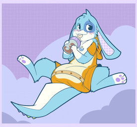 3_fingers 3_toes ambiguous_gender anthro baby_bottle beverage bite blue_body blue_fur blue_tail blush blush_lines border buckteeth clean_diaper clothed clothing cloud diaper diaper_under_clothing diaper_under_onesie feet fingers floppy_ears fur gloves_(marking) leg_markings markings multicolored_body multicolored_fur narrowed_eyes onesie pawpads pink_border pink_nose purple_pawpads simple_background smile socks_(marking) solo spiked_tail spikes spikes_(anatomy) spotted_inner_ear tail teeth toes two_tone_tail wearing_diaper white_body white_fur white_tail bubblepuppers mythology comet_(jupiters) dragon hybrid lagomorph leporid mammal mythological_creature mythological_scalie rabbit scalie full-length_portrait portrait