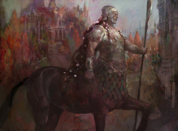 accessory armor brown_body building flower flower_in_hair forest hair hair_accessory headgear helmet holding_melee_weapon holding_object holding_polearm holding_spear holding_weapon male melee_weapon outside plant polearm solo spear standing tail tree weapon nils_hamm european_mythology greek_mythology hasbro magic:_the_gathering mythology wizards_of_the_coast centaur equid equid_taur humanoid_taur mammal mammal_taur taur 2018 official_art