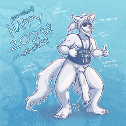 5_toes anthro balls bangs belly big_balls big_penis bottomless clothed clothing eyewear feet foreskin genitals gesture glans glasses hair hand_gesture holidays huge_balls huge_penis humanoid_genitalia humanoid_penis long_foreskin male nipples penis pubes saggy_balls shirt side_bangs smile solo standing tail tank_top text thumbs_up toes topwear unretracted_foreskin vein veiny_penis naudiz_(artist) new_year naudiz canid canine canis domestic_dog mammal wolf 1:1