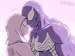 black_body blush clothing duo fangs female interspecies love male male/female mask muscular muscular_male open_mouth open_smile romantic romantic_couple simple_background smile suit teeth white_eyes smutbase marvel gwen_stacy spider-gwen venom_(marvel) alien human humanoid mammal symbiote