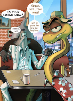 anthro anthro_on_feral bestiality beverage biped brown_body claws clenched_teeth clothed clothed_feral clothed_sex clothing coffee coffee_mug dialogue diner duo eyes_closed feral finger_claws floral_print forked_tongue fur grey_body grey_fur half-closed_eyes inside male male/male multicolored_body narrowed_eyes profanity public public_sex red_clothing red_shirt red_topwear restaurant sex shirt stealth_sex teeth text tongue tongue_out topwear under_table white_clothing white_shirt white_topwear yellow_body tush_(artist) dreamworks the_bad_guys mr._snake_(the_bad_guys) mr._wolf_(the_bad_guys) canid canine canis mammal reptile scalie snake wolf 2026 absurd_res digital_media_(artwork) english_text hi_res