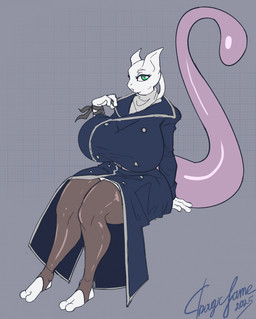 anthro big_breasts breasts clothed clothing coat female fur genitals huge_breasts hyper hyper_breasts hyper_genitalia leggings legwear looking_at_viewer male simple_background solo tail thick_thighs topwear trenchcoat tragicfame nintendo pokemon pria_(st4rsk1mm3r) generation_1_pokemon legendary_pokemon mewtwo pokemon_(species) 2025 digital_drawing_(artwork) digital_media_(artwork) hi_res signature